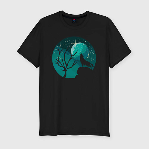 Мужская slim-футболка Луна волк и лес / Черный – фото 1