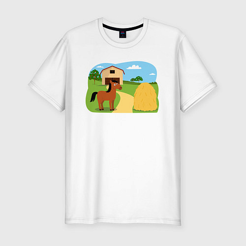 Мужская slim-футболка Лошадка на ферме / Белый – фото 1