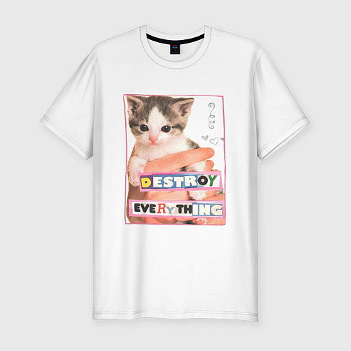 Мужская slim-футболка Destroy everything kitty / Белый – фото 1