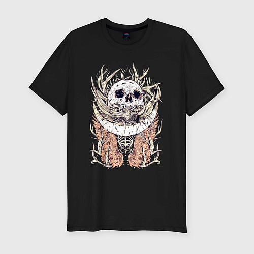 Мужская slim-футболка Рога оленя, череп и крылья - герб / Черный – фото 1