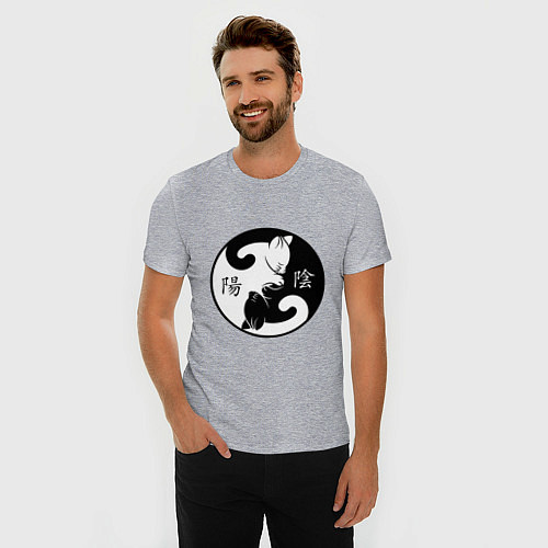Мужская slim-футболка Инь-Янь коты с иероглифами / Меланж – фото 3