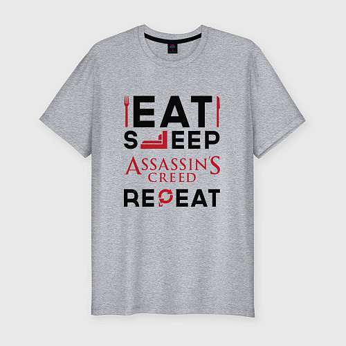 Мужская slim-футболка Надпись: eat sleep Assassins Creed repeat / Меланж – фото 1