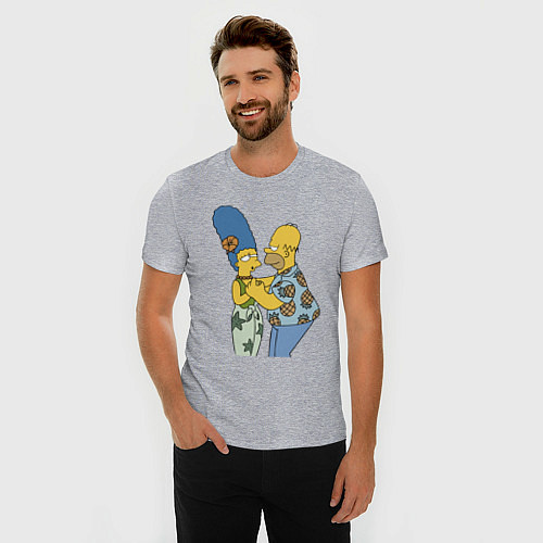 Мужская slim-футболка Гомер Симпсон танцует со своей женой Мардж / Меланж – фото 3