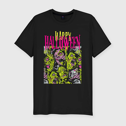 Мужская slim-футболка Happy Halloween - crazy faces / Черный – фото 1