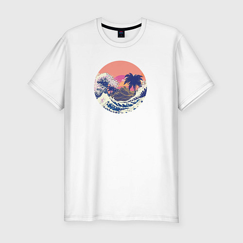 Мужская slim-футболка Ретро дизайн большие волны и пальмы / Белый – фото 1