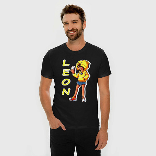 Мужская slim-футболка Леон из Бравл Старс фан арт / Черный – фото 3