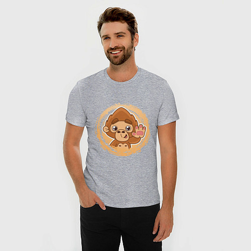 Мужская slim-футболка Забавная обезьянка машет рукой / Меланж – фото 3