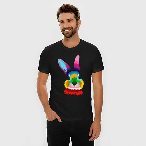 Мужская slim-футболка Радужный кролик / Черный – фото 3