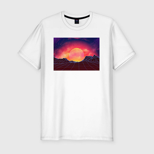 Мужская slim-футболка 3D неоновые горы на закате / Белый – фото 1