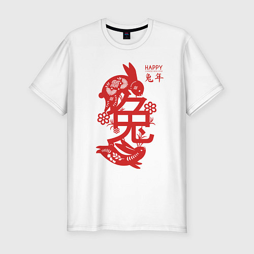 Мужская slim-футболка Happy chinese new year, red rabbit / Белый – фото 1