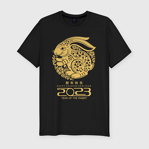 Мужская slim-футболка Happy chinese new year, year of the rabbit - 2023 / Черный – фото 1