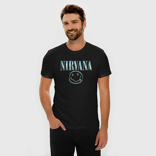 Мужская slim-футболка Nirvana - смайлик / Черный – фото 3