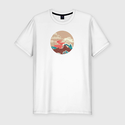 Мужская slim-футболка Большая океанская волна и пустой остров на закате / Белый – фото 1