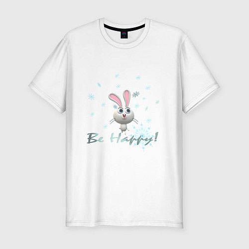 Мужская slim-футболка Год кролика Надпись Будь счастлив / Белый – фото 1