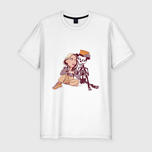 Мужская slim-футболка Девушка и скелетик в шляпе / Белый – фото 1