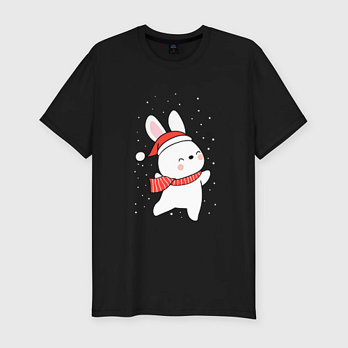 Мужская slim-футболка Кролик в шапке и шарфе арт / Черный – фото 1