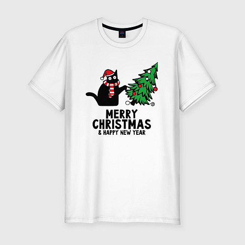 Мужская slim-футболка Кот роняет новогоднюю ёлку / Белый – фото 1