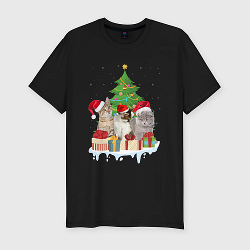 Мужская slim-футболка Коты и елка с подарками / Черный – фото 1