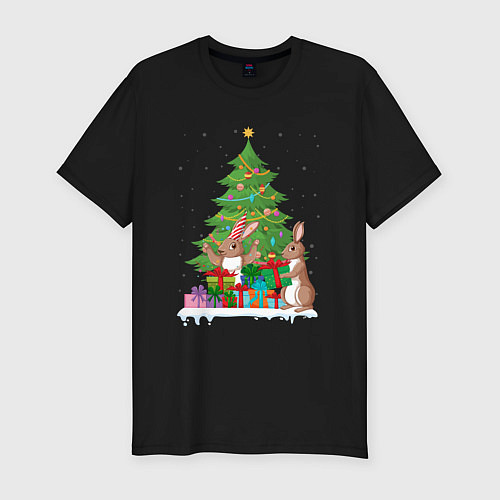 Мужская slim-футболка Кролики елка и подарки / Черный – фото 1