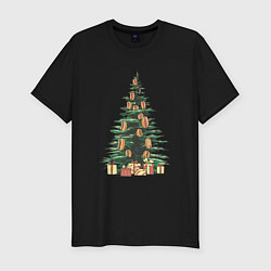 Мужская slim-футболка Новогодняя елка с хот-догами