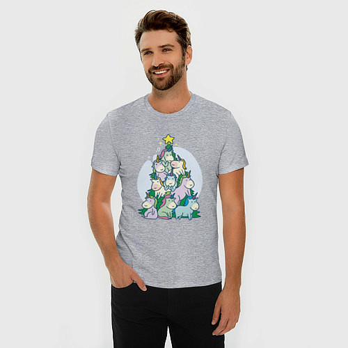 Мужская slim-футболка Новогодняя елка из единорогов / Меланж – фото 3