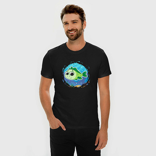 Мужская slim-футболка Мультяшная зелёная рыбка / Черный – фото 3