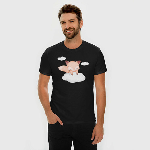 Мужская slim-футболка Милый лисёнок на облаке нежиться / Черный – фото 3