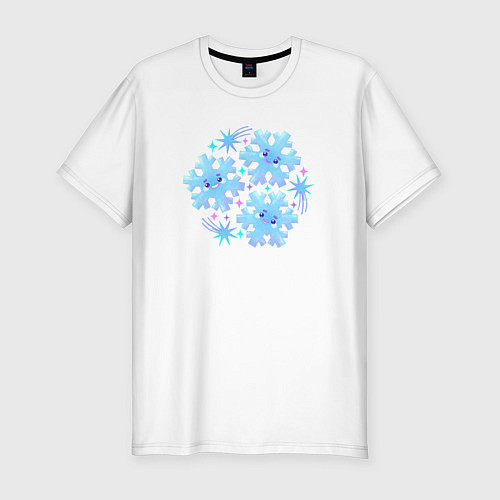 Мужская slim-футболка Три забавные снежинки с разноцветными звездами / Белый – фото 1