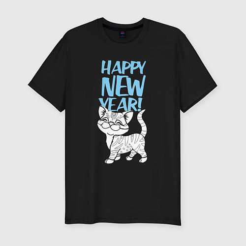 Мужская slim-футболка Happy new year - kitten / Черный – фото 1