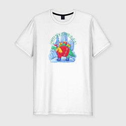 Мужская slim-футболка Динозавр с новогодними подарками в лесу