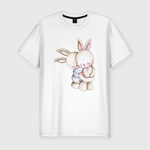 Мужская slim-футболка Милые зайчата обнимаются / Белый – фото 1