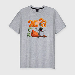 Футболка slim-fit Заяц с большой морковкой - новый год, цвет: меланж