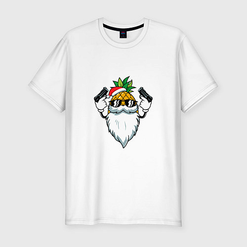 Мужская slim-футболка Ананасанта - Санта ананас с пистолетами / Белый – фото 1