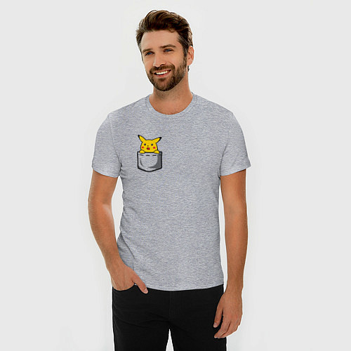 Мужская slim-футболка Пикачу в кармане арт / Меланж – фото 3