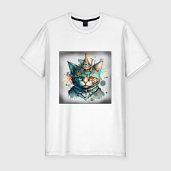 Мужская slim-футболка Абстрактный акварельный кот с колпаком и брызгами