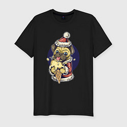 Футболка slim-fit Новогодний мопс с мороженым, цвет: черный