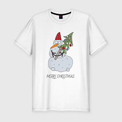 Мужская slim-футболка Снеговик с новогодней ёлкой в Руках