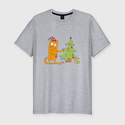 Мужская slim-футболка Кот наряжает новогоднюю ёлку