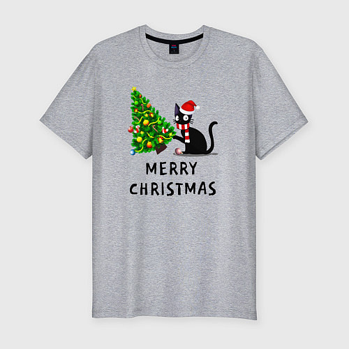 Мужская slim-футболка Кот валит новогоднюю ёлку / Меланж – фото 1