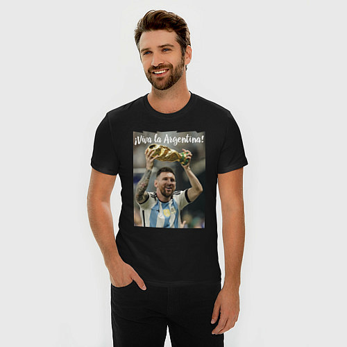 Мужская slim-футболка Lionel Messi - world champion - Argentina / Черный – фото 3