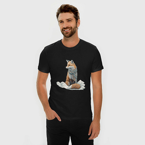Мужская slim-футболка Лисица в сугробах / Черный – фото 3