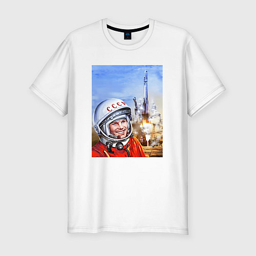 Мужская slim-футболка Юрий Гагарин на космодроме / Белый – фото 1