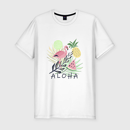 Мужская slim-футболка Розовый фламинго в листьях с фруктами / Белый – фото 1