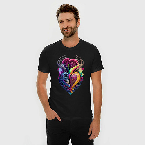 Мужская slim-футболка Сердце, череп и розы / Черный – фото 3