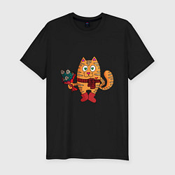 Футболка slim-fit Влюбленный рыжий кот с рыбным букетом, цвет: черный