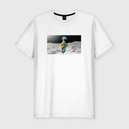 Мужская slim-футболка Дэвид бежит на луне / Белый – фото 1