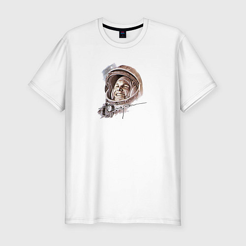 Мужская slim-футболка Юрий Гагарин с автографом / Белый – фото 1