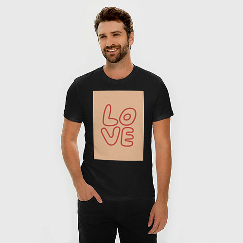 Мужская slim-футболка Рукописный текст слово Love красным цветом на беже / Черный – фото 3