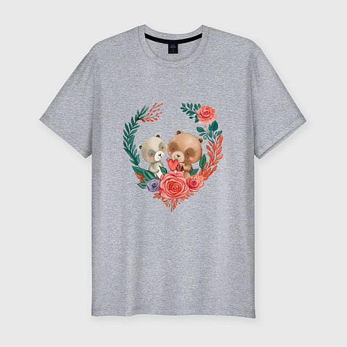 Мужская slim-футболка Влюбленные мишки в сердце / Меланж – фото 1