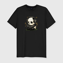 Футболка slim-fit Милая панда слушает музыку, цвет: черный